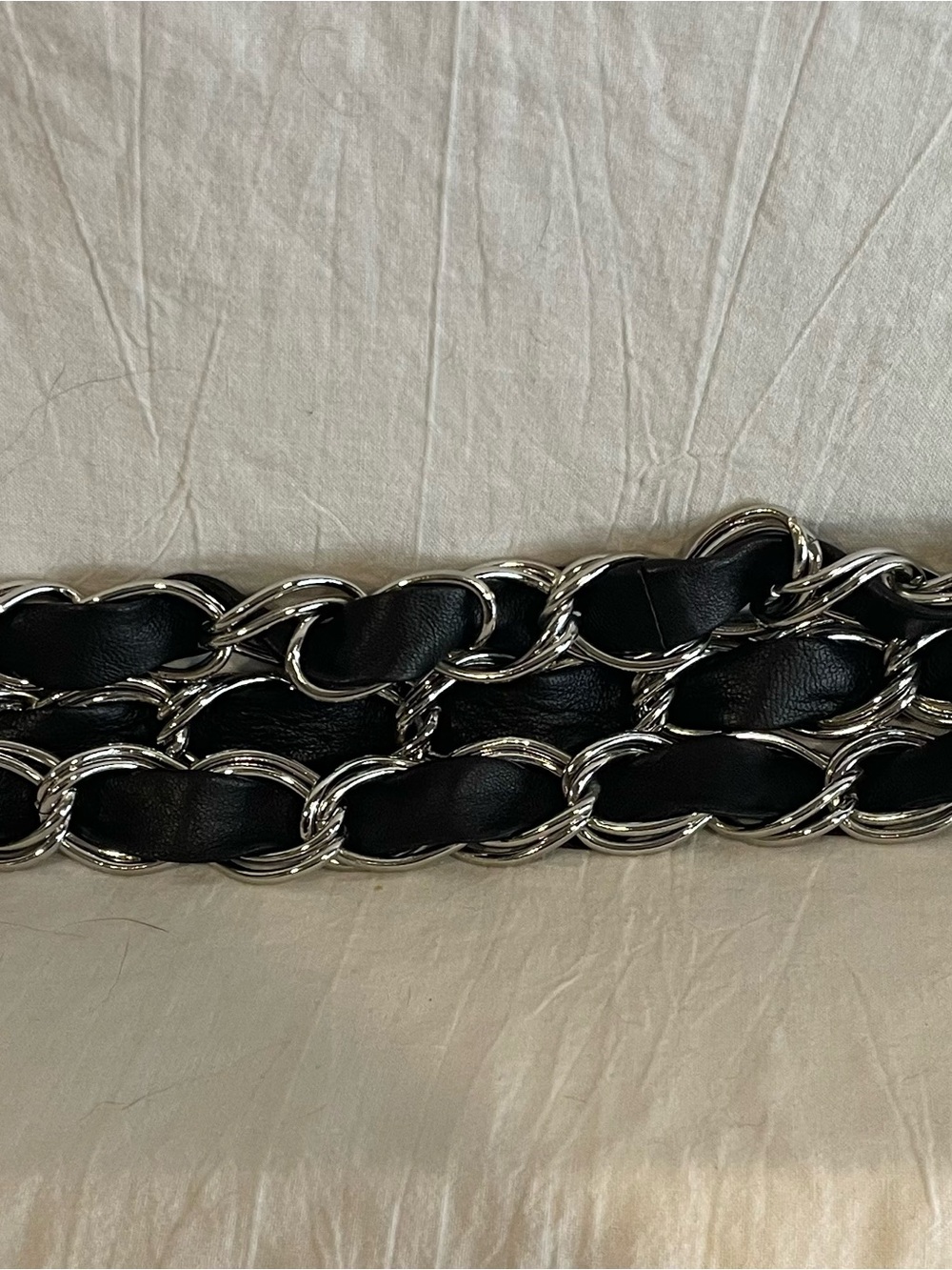 NWT Lafayette 148 New York Black Leather Silver Chain Belt S/M $198